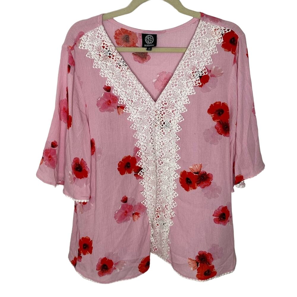Bobeau Pink and Red Lace Floral Shirt 3/4 Sleeve Lightweight Casual Top medium - Picture 2 of 7
